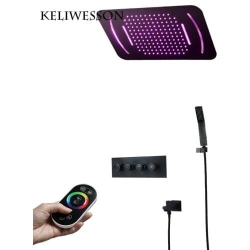 LED Shower Head Rainfall Black Shower Ceiling Mounted Thermostatic Shower Faucets Brass Spout Tap Shower for Bathroom