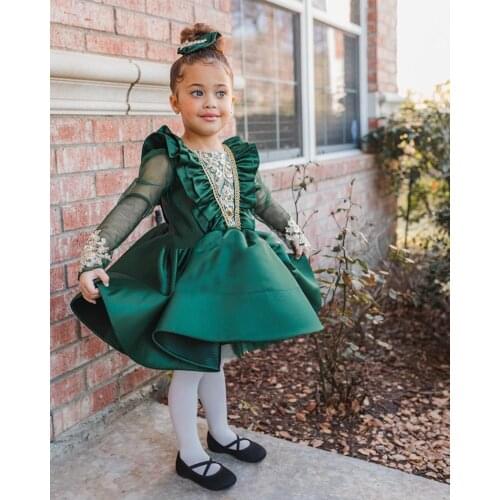 Green Satin Princess Long Sleeve Dress Birthday Party Gown New Birthday Ball Gown Kids Clothes