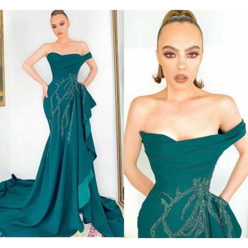 Green Mermaid Evening Gowns One Shoulder Appliques Ruffles Side Split Prom Dress Sweep Train Red Carpet Party Dress