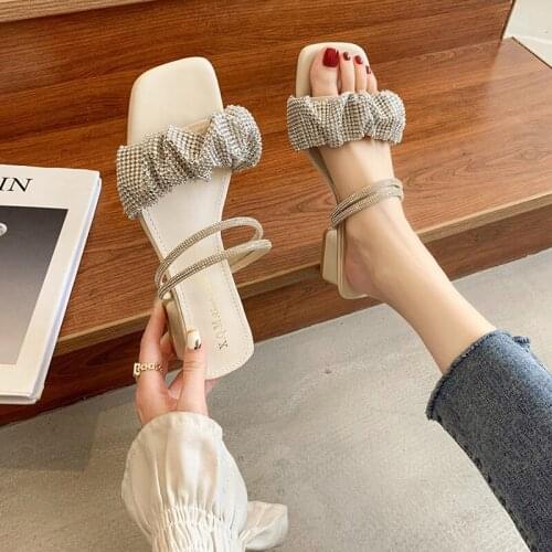 Womens Summer Mid-Heel Chunky Heel Sandals Skirt Fairy Style Rhinestone All-Matching Graceful Two-Way Sandals kawaii shoes