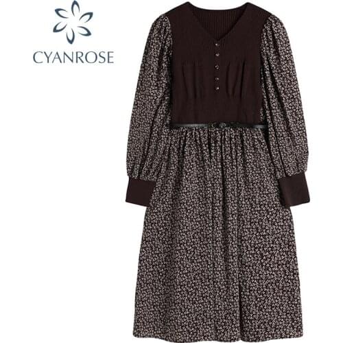 2021 Autumn French Vintage Floral Print Long Dress Women Korean Elegant Korean O-Neck Long Sleeve Casual Midi Dress Female