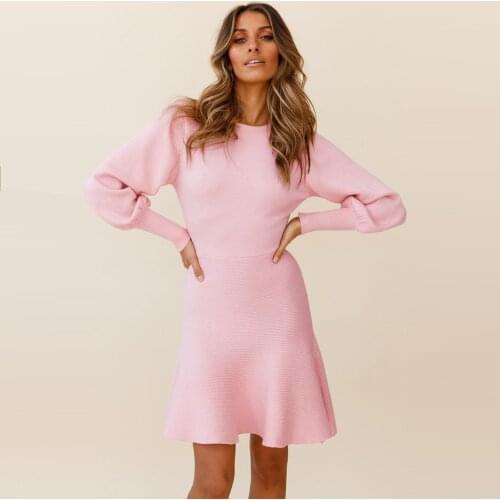 Women Elegant Sweater Dress O Neck Lantern Sleeve Solid Color Knitted Dress Casual Slim Knee Length Autumn Dress Vestidos Mujer