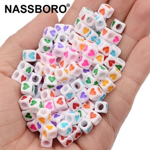 100pcs/lot 6mm White Cube Acrylic Beads Colorful Heart Shape Loose Spacer Beads For Jewelry Making Diy Accessories
