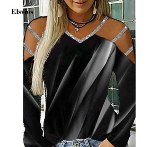 2021 Summer Off Shoulder Long Sleeve Blouse Women Sexy V Neck Print Sequin Glitter Shirt Tops Spring Hollow Out Blusas Pullover