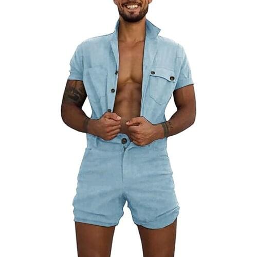 @40 Mens Home Pocket Fashion Jumpsuit Summer Pure-colour Large Size Clothes Button Jumpsuit Los Hombres Conjuntos