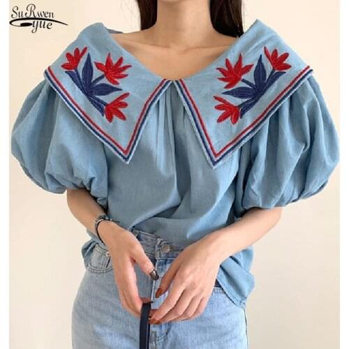 Flower Embroidery Blouses Women Vintage Denim Summer Loose Women Shirt Casual Slash Neck Lantern Sleeve Female Tops Blusas 15433