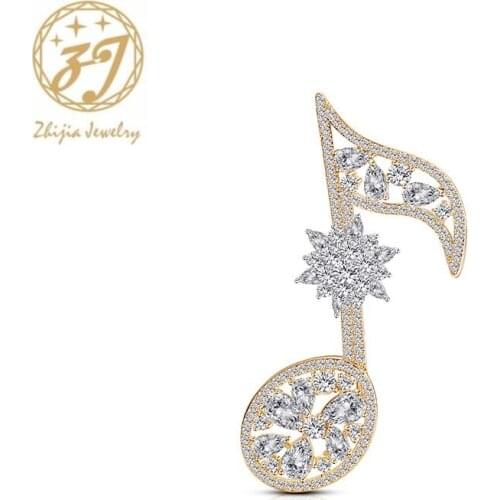 Zhijia new arrival music note pins brooches for women dress luxury rhinestone zircon brooches accessories