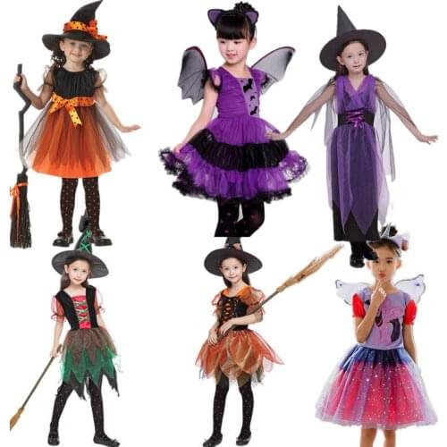 Kids Girls Halloween Magic Witch Costume Children Fancy Purple Bat Dress Up Party Masquerade Baby Mesh orange witch tutu dress