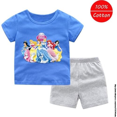 Disney Princess girl new 100% cotton short-sleeved T-shirt + shorts two-piece girls casual thin summer childrens wear