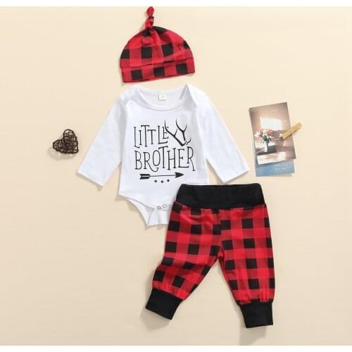 FOCUSNORM 3pcs Infant Baby Boys Clothes Sets 0-18M Letter Long Sleeve Romper Plaid Pants Hat Xmas Outfits