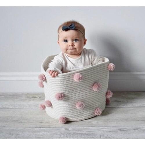 INS Pompom Cotton Rope Storage Baskets Handmade Woven Dirty Clothes Laundry Basket Kids Toys Desktop Sundries Organizer Hamper