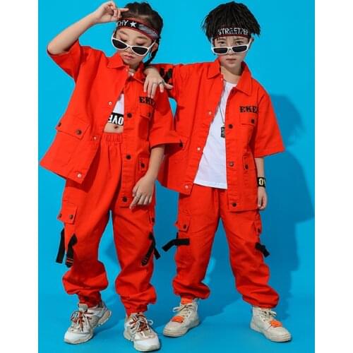 Boys Hip Hop Clothing Girls Street Dance Loose Orange Suit Shirts Pants Modern Ballroon Dancing Costume Stage Show Wear BL5047
