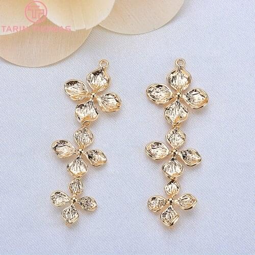4PCS 42x15MM 24K Champagne Gold Color Plated Brass Double Flower Charms Pendants High Quality Diy Jewelry Accessories