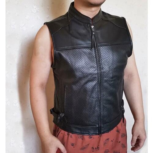 Motorcycle Biker Leather Vest Mens Mesh Breathable Cowhide Perforated Zippper Thick Genuine Leather Sleeveless Jacket