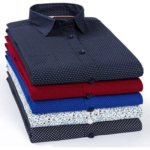 Regular Long Sleeve Mens Business Casual Shirt Autumn Slim Top Blouse Fit Fashion Print 97% Cotton Dress Shirts Asia Size