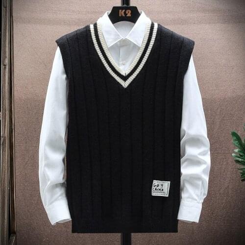 151 Autumn Winter Men Knitted Sweater Waistcoat Fashion Campus Casual Color Contrast Sleeveless Stripe V-Neck Patchwork Vest
