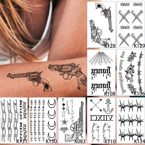 9pcs Waterproof Temporary Tattoo Sticker Set Pistol Cross Spider Web English Letter Flame Flash Tatoo Woman Man Cool Fake Tatto