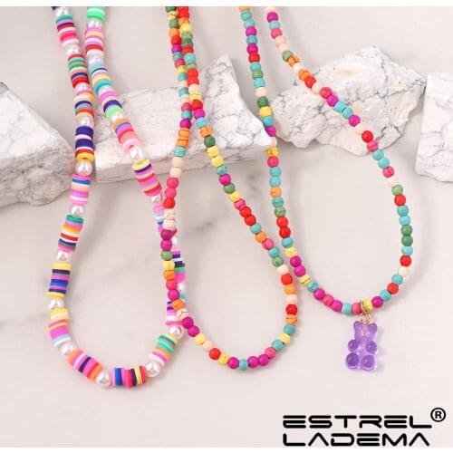 2021 New Colorful Polymer Clay Beads Bear Pendant Necklace For Women Girls Multi-layer Pearl Beaded Choker Necklace Jewelry Gift