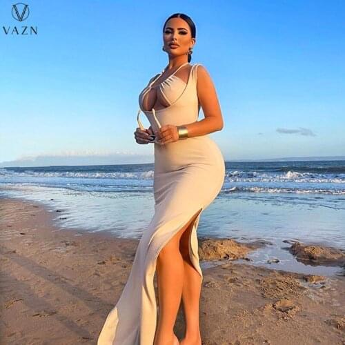 VAZN 2021 New Hollow out Solid Simple Sexy Night Club Young Short Sleeve Long Spit Dress Free High Waist Thin Maxi Women Dress