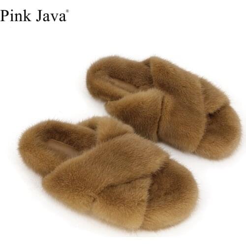 Pink java NEW ARRIVA QC21002 real mink fur slipper women shoes real fur slides flats indoor sandals