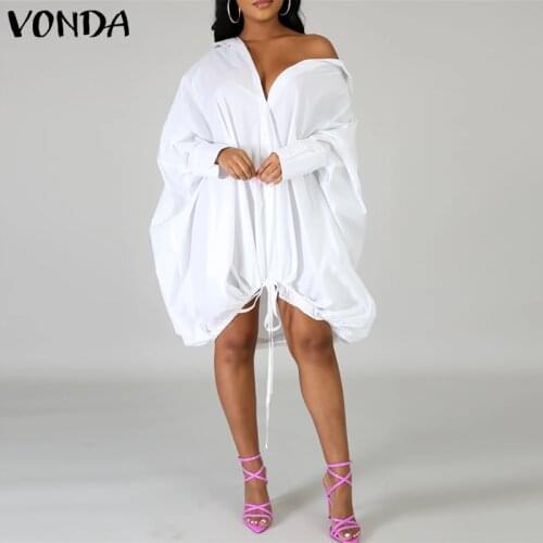 Office Ladies Elgeant Midi Dress Sexy Lapel Button Down Shirt Dress 2021 VONDA Casual Solid Color Vestidos Plus Size Sundress