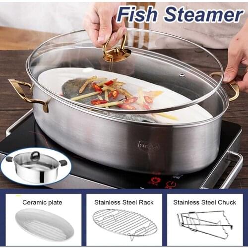 Stainless Steel Fish Steamer Multi-Use Oval Roasting Cookware Hotpot with Rack Ceramic Pan Chuck Pasta Pot Stockpot