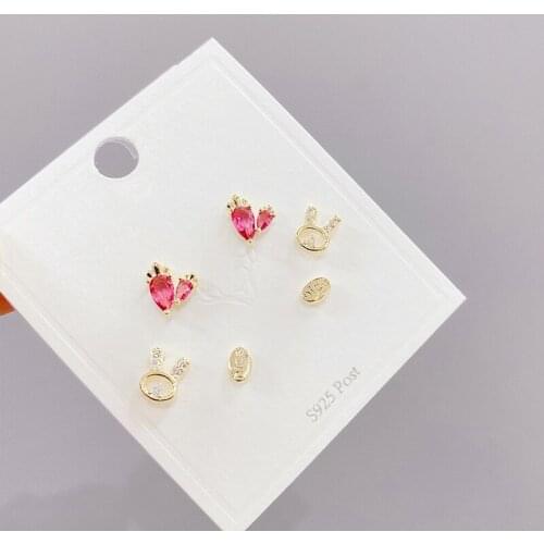 2021 New Design 6 Pcs 14K Gold Plated Cute Rabbit Stud Earrings Luxury Jewelry Cubic Zircon Carrot Earrings