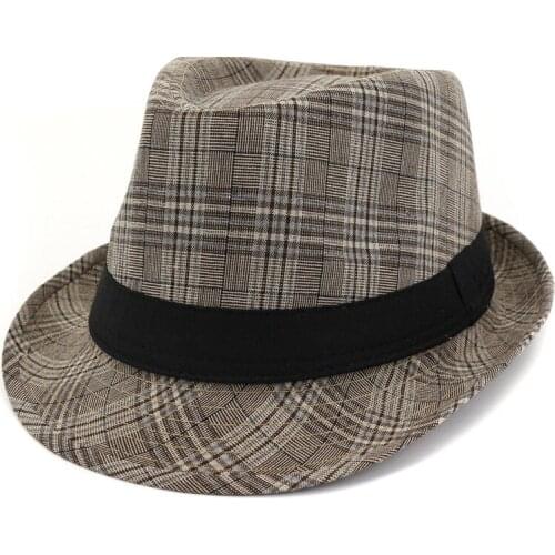 Spring Summer Cotton Linen Adult Stingy Brim Jazz Cap Plaid British Style Men Women Fedora Hat Homburg Fashion Street Hat