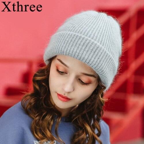Xthree Beanie Hat for Women Winter Hat Knitted Rabbit Fur Skullies Hat Warm Bonnet Cap Female Hats for Girl hat