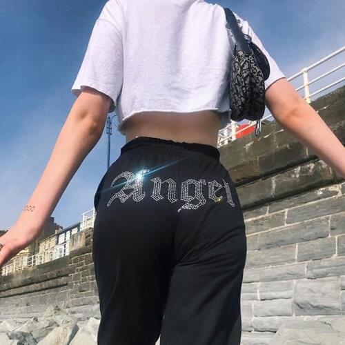 Sweatpants for Women Loose Slacks Diamond Ornaments Leggings Drawstring Trousers Elstic High Waist Pants Running Harem Pants
