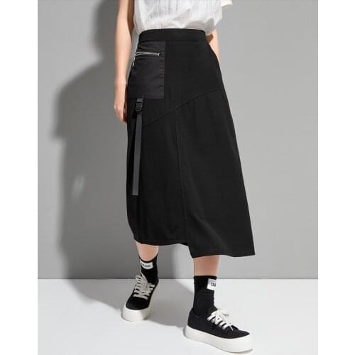 Dark black summer thin elastic waist skirt personalized zipper decorative stitching pocket trendy medium length skirt