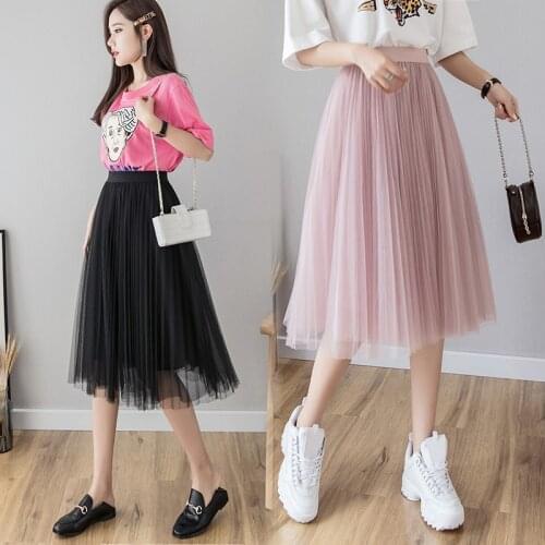 Tulle Skirts Womens Midi Pleated Skirt Black Pink Tulle Skirt Women 2019 Spring Summer Korean Elastic High Waist Mesh Tutu Skirt