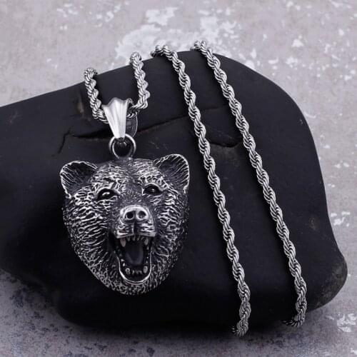 Vintage Viking Wild Animal Bear Head High Quality Metal Pendant Necklace Men Rock Party Punk Jewelry