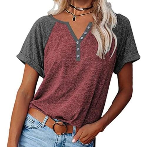 2021 Women Summer Fashion V-Neck Stitching Top Short Sleeve Patchwork Color Button T-Shirt Casual Loose Comfortable Daily Tops