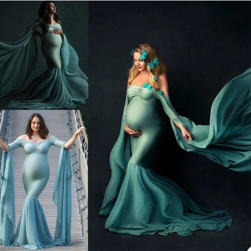 Pregnant Women Pajam Robe Nightgown Sexy Off Shoulder Long Sleeves Chiffon Sleepwear Bathrobe Mesh Prom Party Bridesmaid Shawl