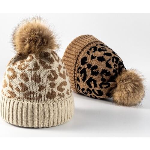 Leopard Print Women Hat Pompom Lady Cap Beanie Autumn Winter Warm Knitted Girls Hats Solid Hairball Elastic Women Caps Bonnet