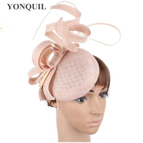 Champagne Imitation Sinamay Fascinator Ladies Wedding Hats Royal Floral With Feathers Headwear Hair Clips Occasion Church Event