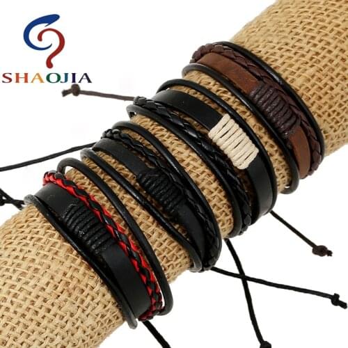 SHAOJIA Fashion Leather Bracelet Women Mens Bracelets Popular Bangles DIY Handmade Weave Charm Black Bracelet Pulseras
