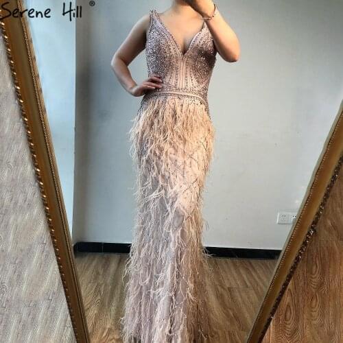 Serene Hill Pink Beading V-Neck Luxury Evening Dress 2020 Sleeveless Feathers Mermaid Formal Party Gown CLA70440
