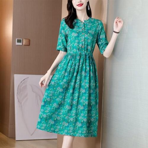 Elegant Vintage 3XL Plus Size Floral Women Dress 2021 Summer Korea Cotton Linen Print Beach Midi Sundress Bodycon Party Vestidos