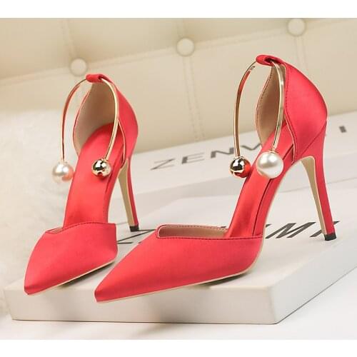 2021 new womens 10cm high heeled shoes fashion shallow mouth Satin hollow pointed metal one line sandals