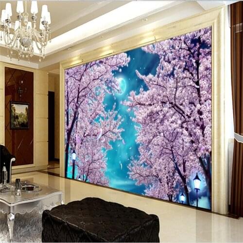 Beibehang Large custom wallpaper wall murals blue sky night street lights cherry tree papel de parede wallpaper for walls 3 d