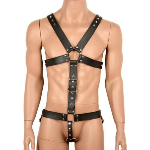 Men Fetish Bondage Bodysuit Gothic PU Leather Studded Full Body Harness Erotic Open Butt Restraint Nightclub Costume With Buckle