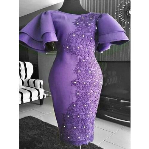 Purple Tea Length Evening Dresses Jewel Neck Short Sleeves Cheap Prom Dresses With Lace Appliques Beads Dubai Robe De Soiree