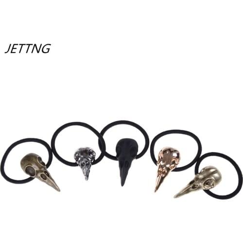 JETTING Halloween Retro Punk Gothic Metal Skull Hair Tie Fashion Birds Crow Skull Elastic Hair Bands Accessories