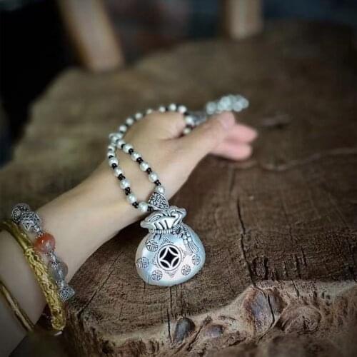 Johnature Tibetan Silver Lucky Bag Fish Tassel 2021 New Vintage National Trend Original Handmade Necklace Women Metal Hangings