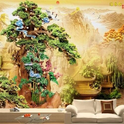 Milofi custom mural wallpaper 3D boutique wood carving welcoming pine palace Chinese background wall