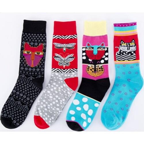 Peonfly Printing New Colorful Cartoon Kitty Butterfly Polka Dot Pattern Men Personality Fashion Cotton Socks Autumn Winter