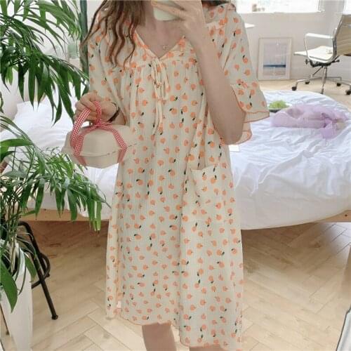 Orange Print Summer Nightgown Women Korean Bow Lace Up Cotton Sleepwear Soft Kawaii Cute Ruffles Furit Pockets Home Clothes