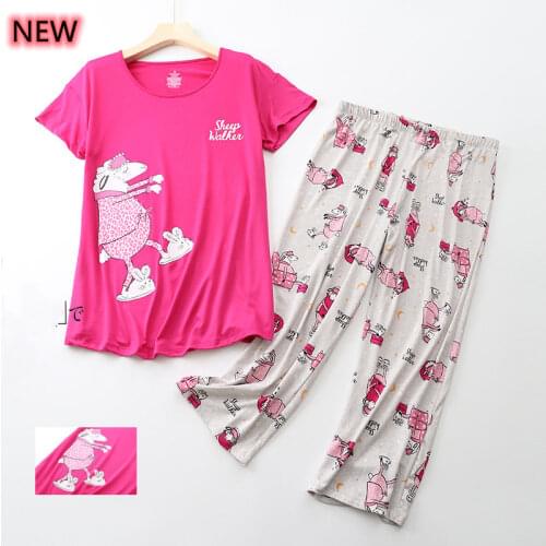 Cartoon Pajamas Set Female Sexy Hot Short Sleeve T-shirt Long Pants 2020 Fashion Home Cotton Mom Big Size Sleepwear